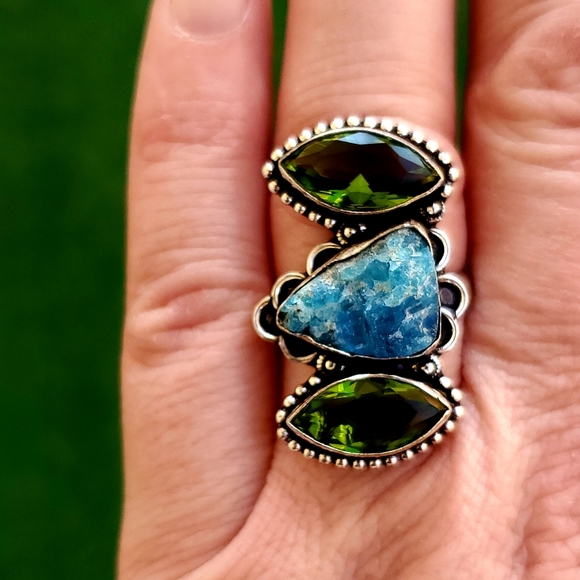 New Rough Blue Kyanite & Peridot 925 Silver Ring. - Picture 2 of 7